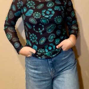 Turquoise Print Mesh Long Sleeve